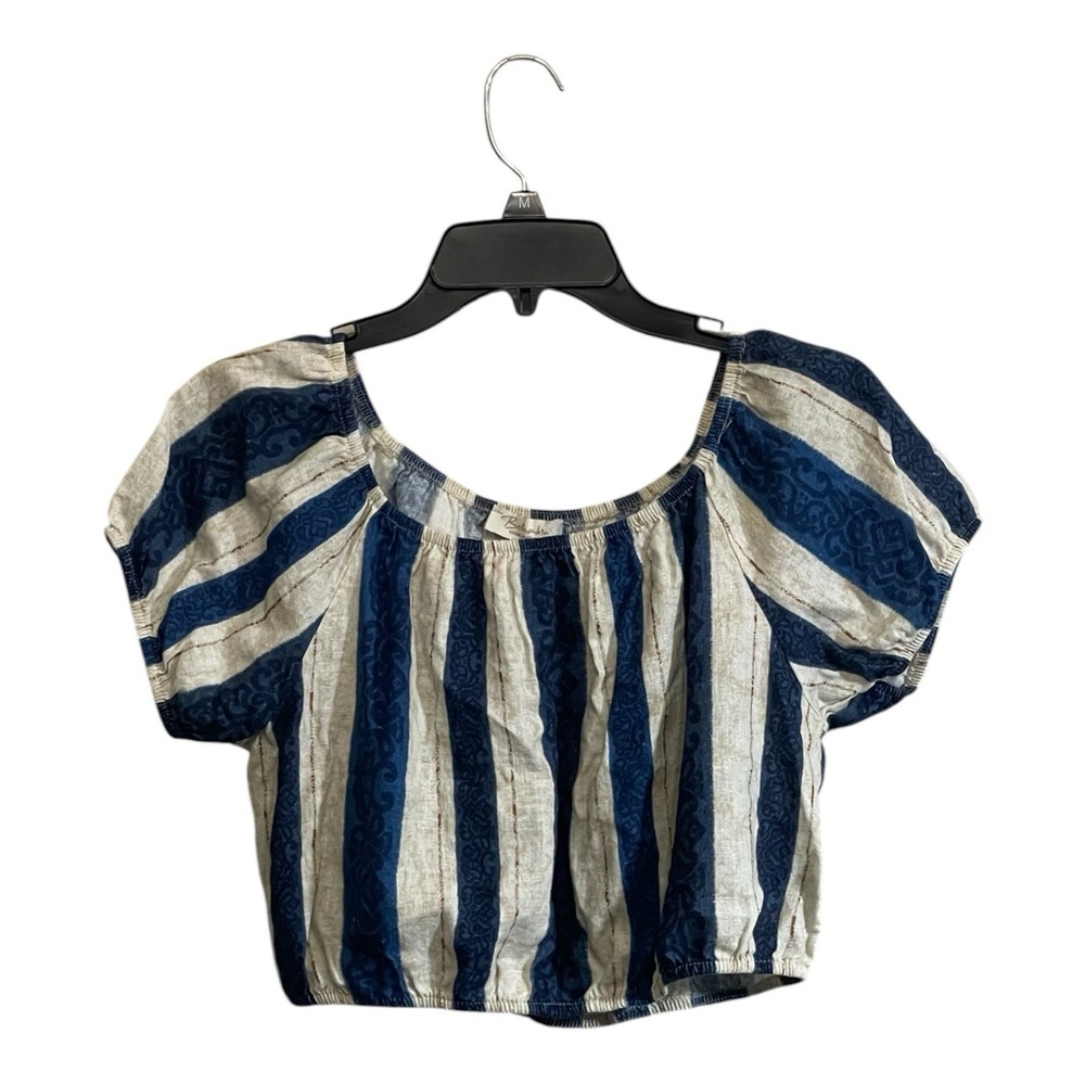 Bellambra Italy Linen Blend Top Large Striped Crop Puff Sleeve Coastal Resort